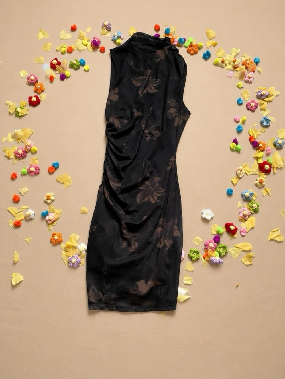 Sleeveless Black Floral Midi Dress with Subtle Brown Accents